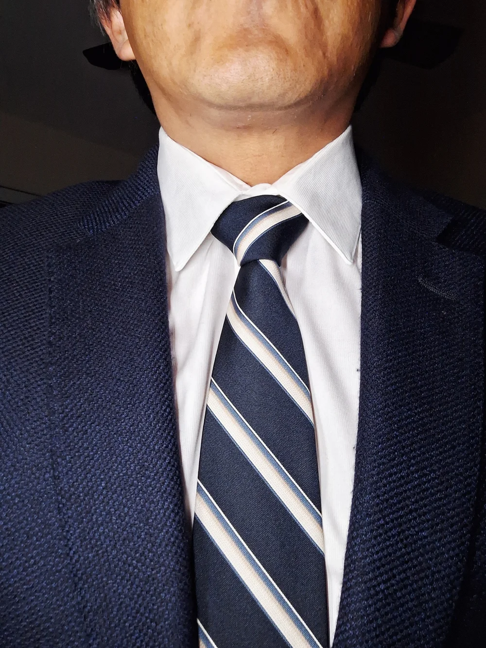 Lanvin Navy Tie with Cream and Light Blue Stripes